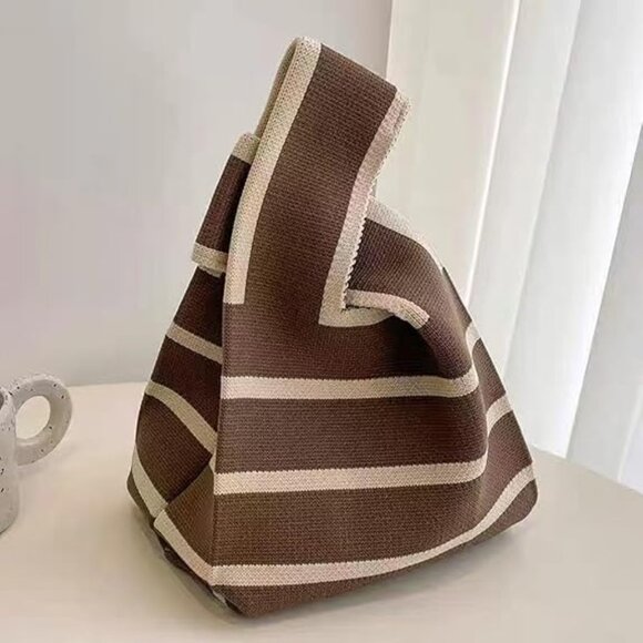Handbags - Striped Two Tone Knit Knot Mini Tote Bag
